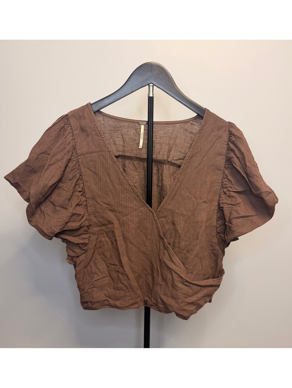 Free People Brown Puff Sleeve Crop Top Blouse Size Large